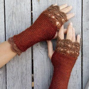 Golden Calvados Medium Fingerless Gloves brick and cinnamon.